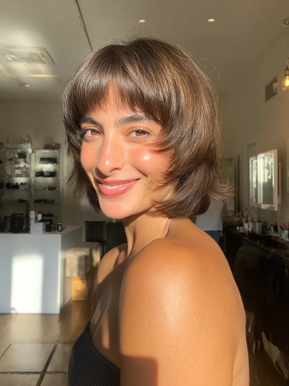 Chin-Length Soft Layers with Warm Chestnut Hue